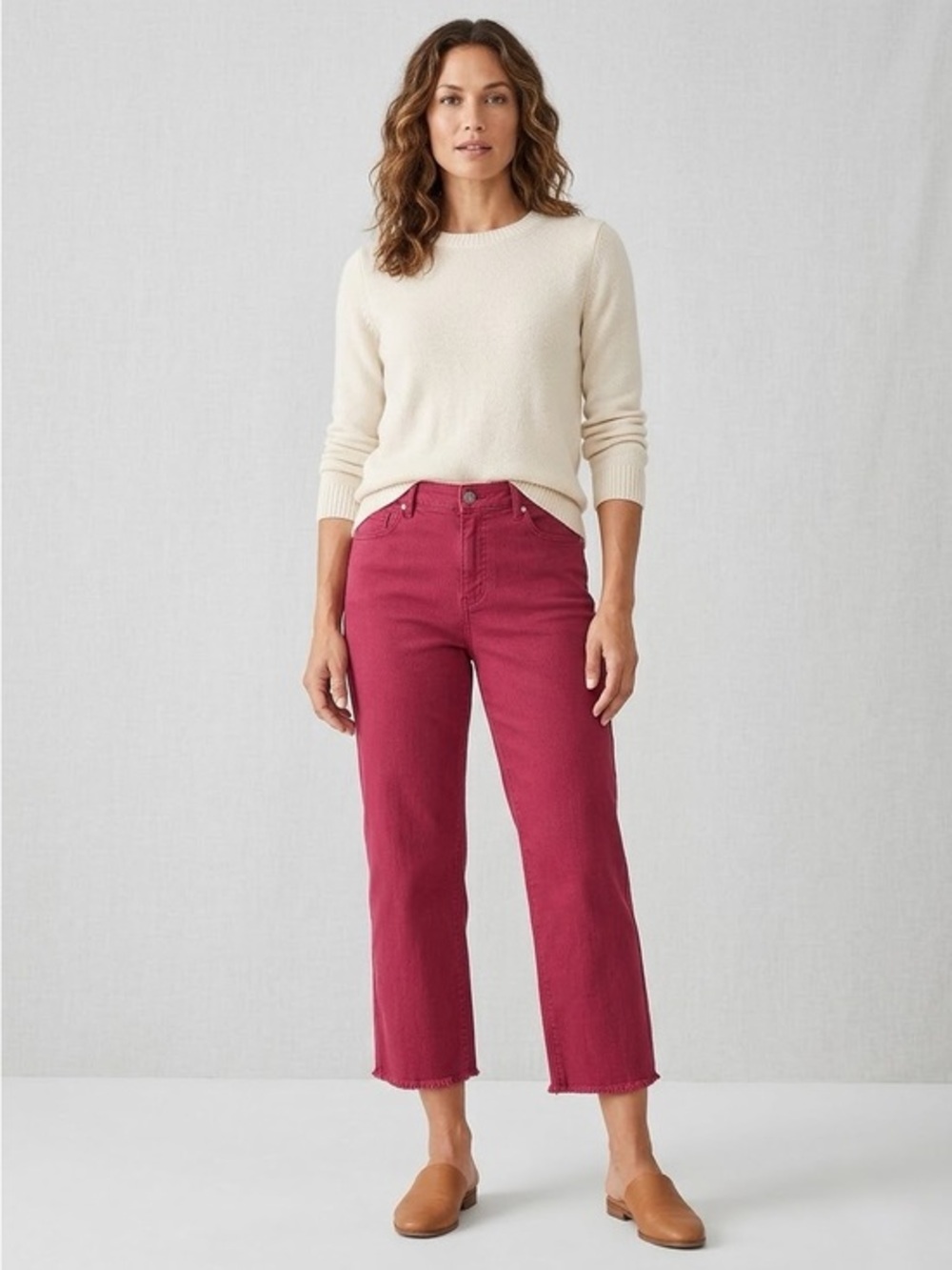 J. Jill Petite 14 Wine Red Cropped Pants Straight Leg High Rise Frayed Hem Capri